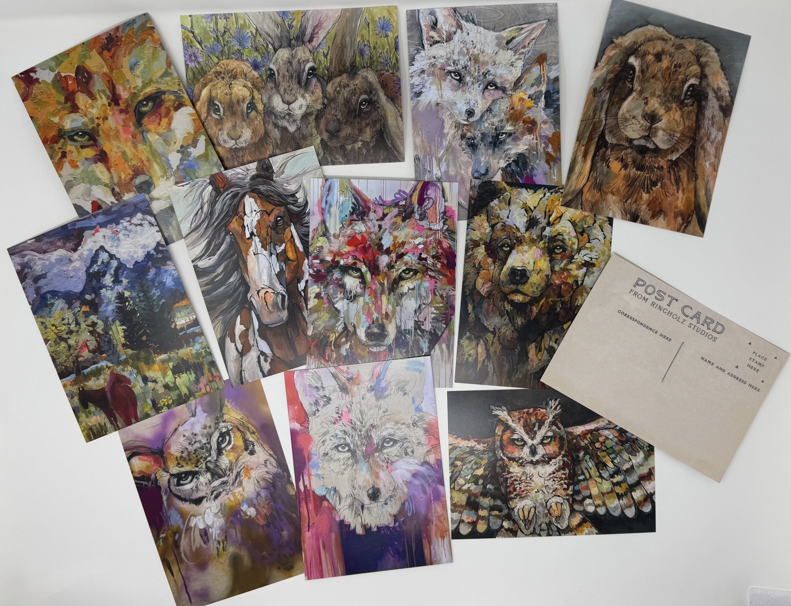 Colorful animal art postcards arranged on white background