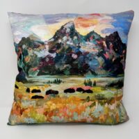 Sunset mountain landscape pillow art.
