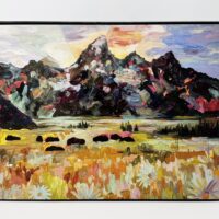 Sunset mountain landscape painting.