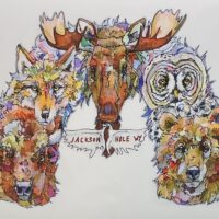 Five stylized animal heads with banner