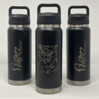 Three black insulated water bottles with owl