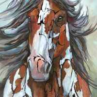 Expressive painted stallion with flowing mane