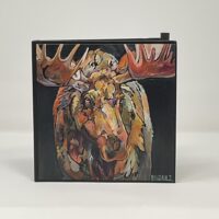 Colorful painted moose portrait on black canvas